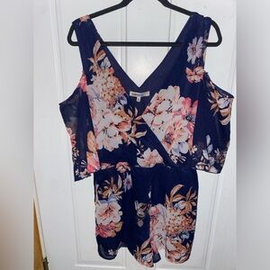Bailey Blue Floral BOHO ROMPER in Navy and Pink w/cold shoulder & flutter sleeve